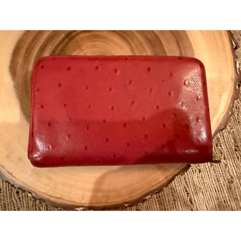 Michael Kors Red Ostrich Leather With Gold Zip Medium‎ Wallet Card Case